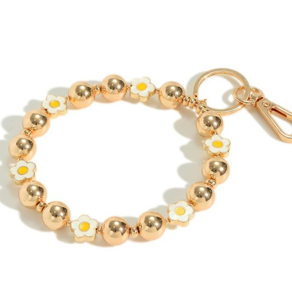 Judson & Co Accessories - White Enamel Flower and Gold Tone Metal Beaded Bangle Key Ring Keychain